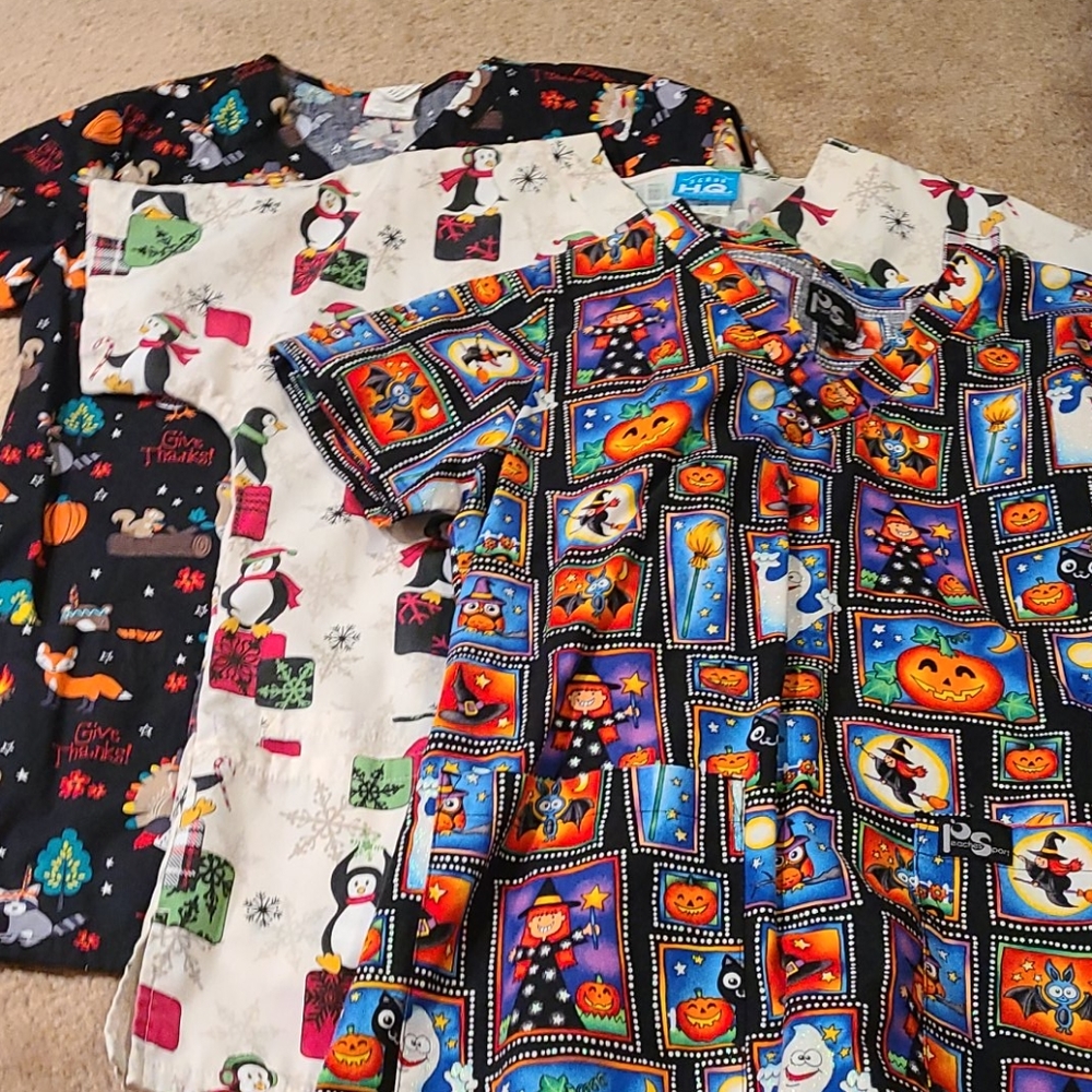 Holiday scrub tops